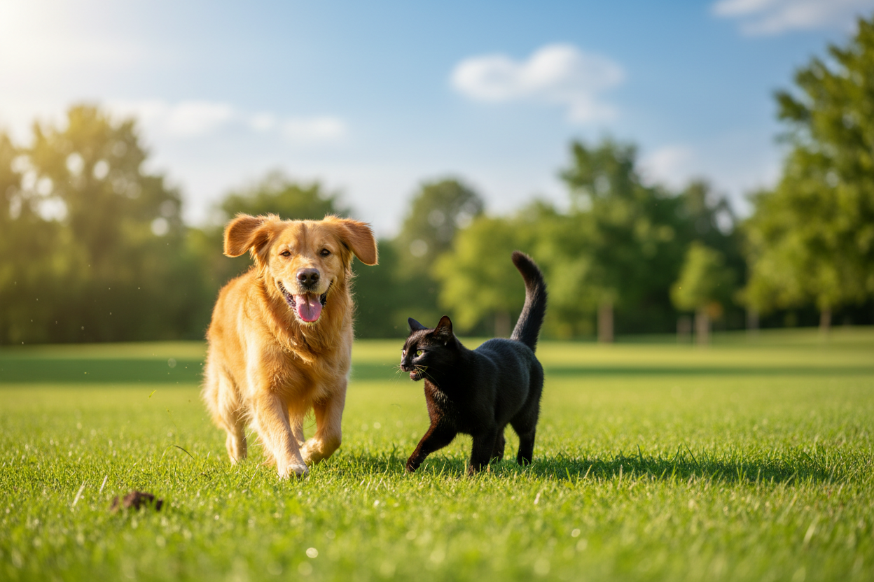 Dog chasing cat outdoor scene